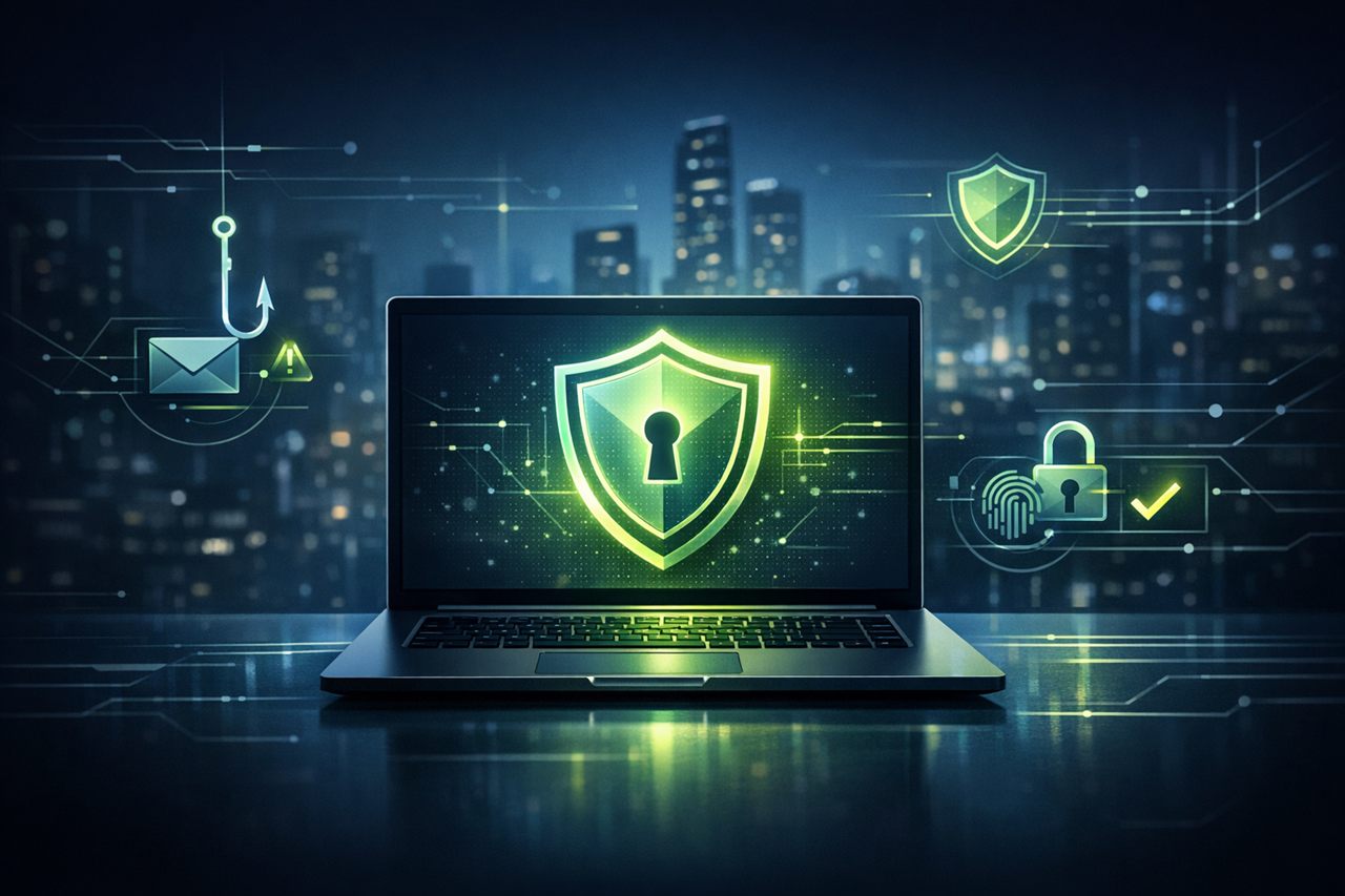 Laptop with a glowing security shield, surrounded by phishing and authentication icons